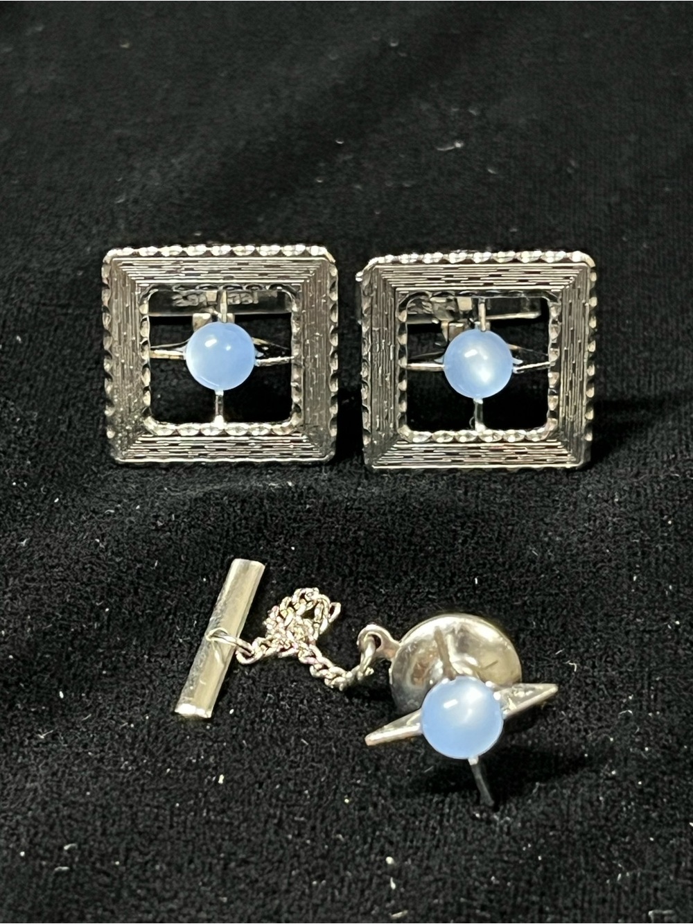 Vintage Silver Blue Moongloe Lucite Cabochon Square Cufflink and Tie Tack Set